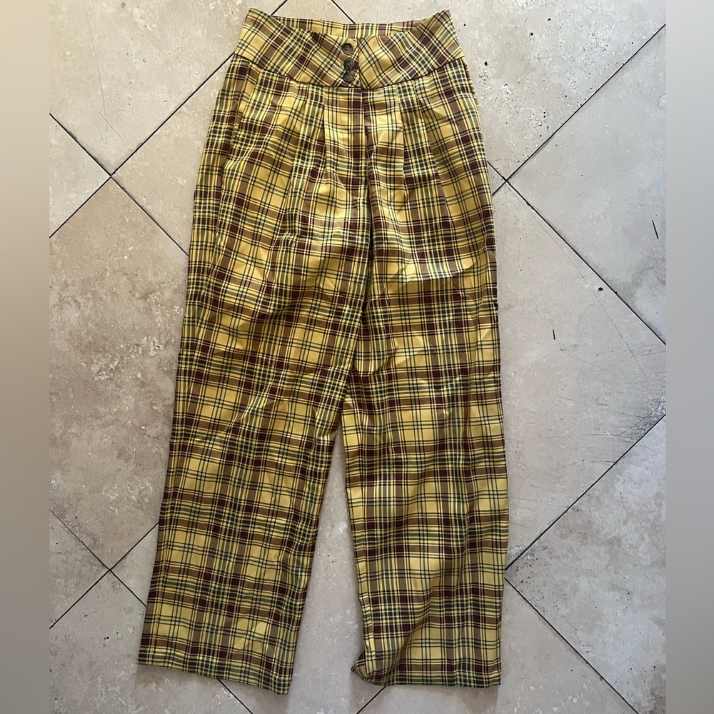 Anthropologie Yellow Plaid Straight Leg Pants